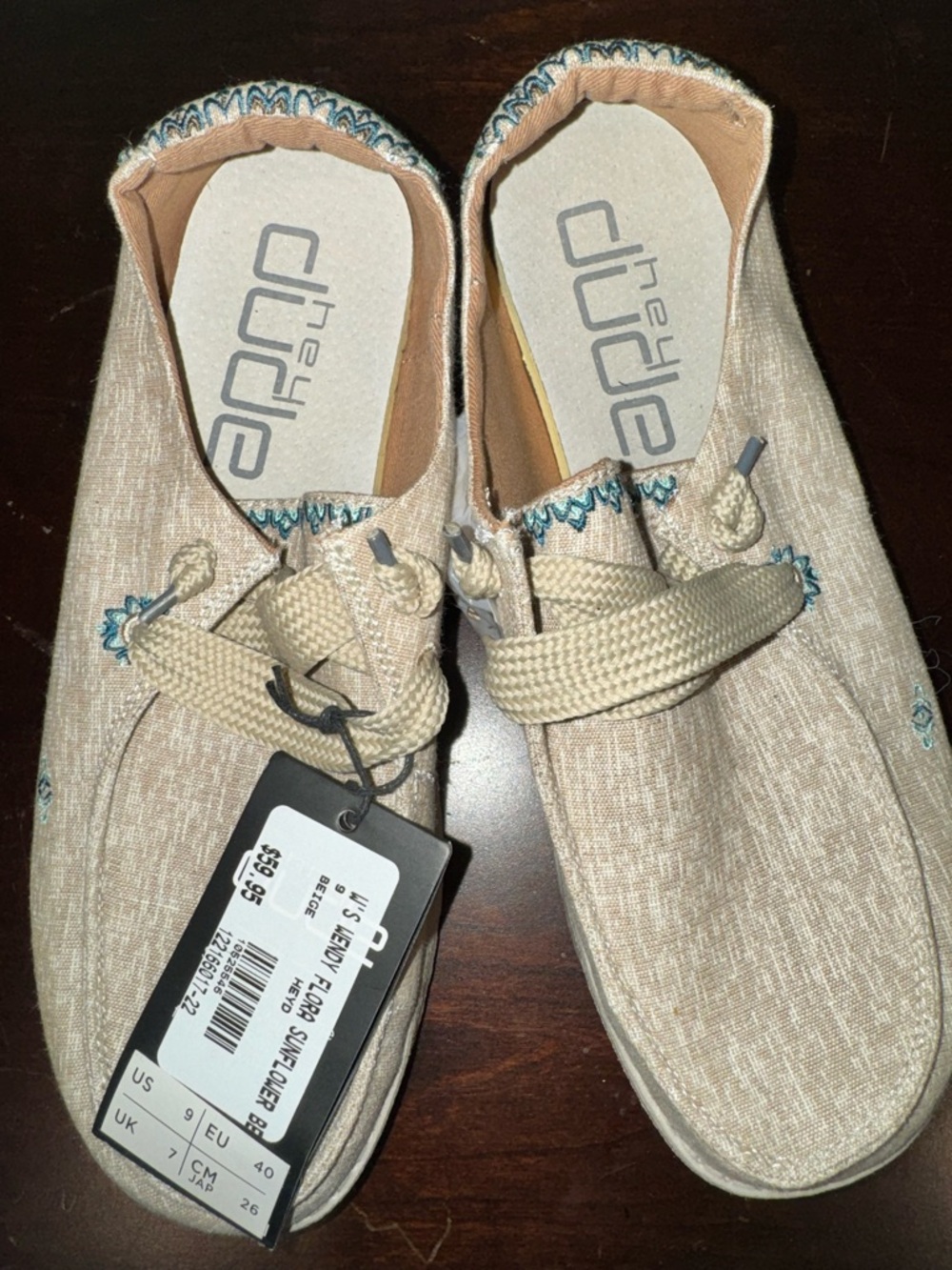 Hey Dude Women’s Natural Beige Knit Moccasin Slip-Ons with Teal Stitching